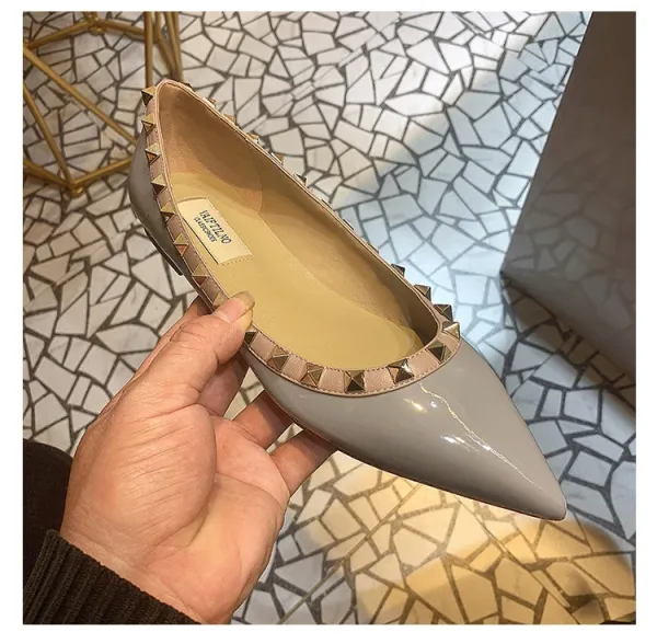Valentino Garavani Rockstud Pointed-Toe Flats White Leather Shoes - 25