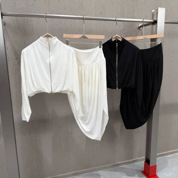 Off-White Cropped Zip-Up Top and Draped Skirt Set Black - 11