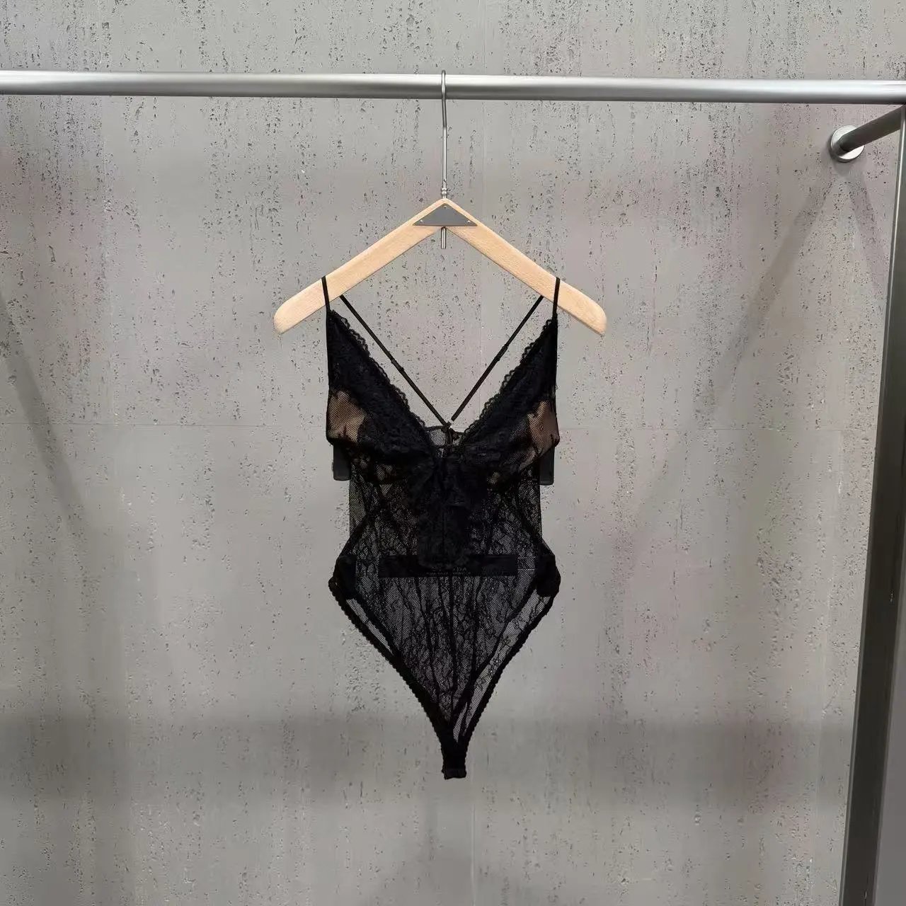 Black Lace Sheer Bodysuit with Crisscross Straps Underwear - 3
