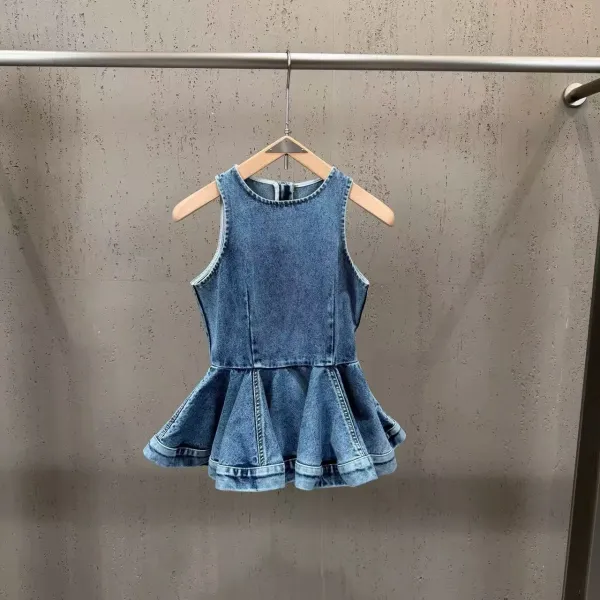 Denim Set: Flared Wide-Leg Jeans and Peplum Sleeveless Top in Medium Wash Blue - 14
