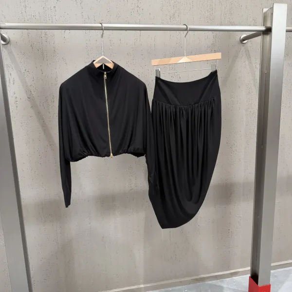 Off-White Cropped Zip-Up Top and Draped Skirt Set Black - 24