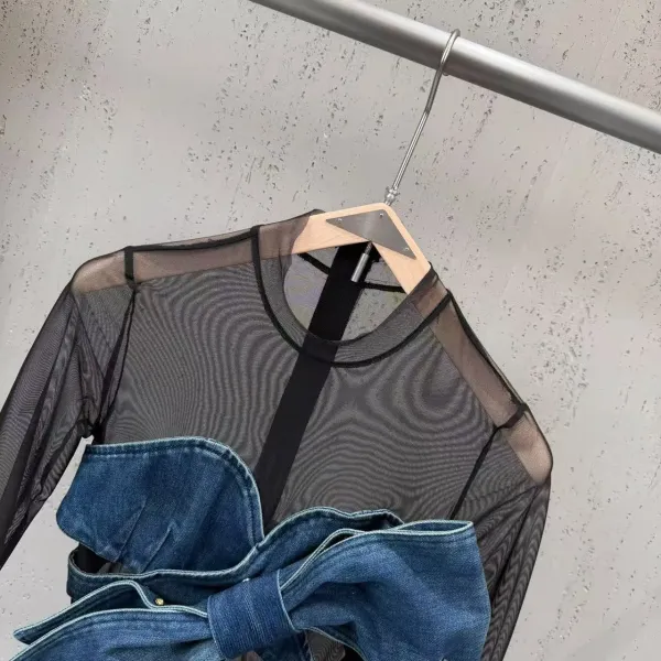 Off-White Denim Bow Mesh Top Blue/Black - 12