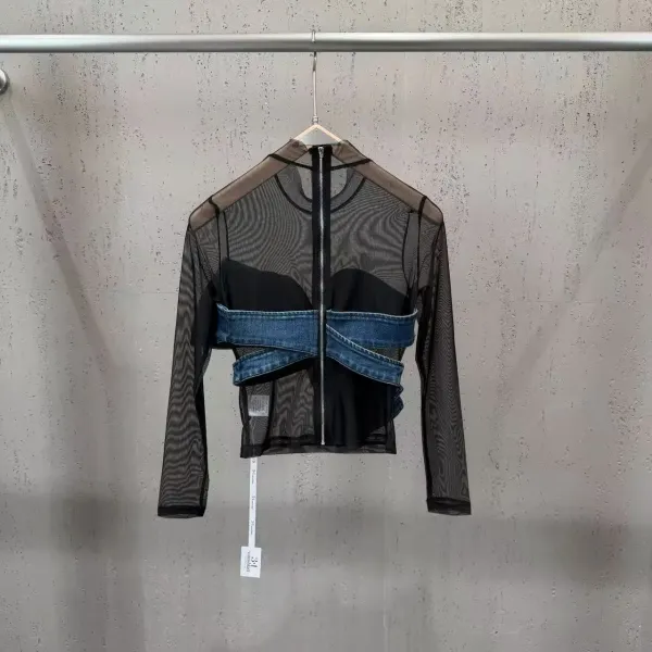 Off-White Denim Bow Mesh Top Blue/Black - 16