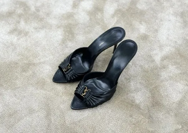 Saint Laurent Ruched Mule in Brown Leather Heels - 3