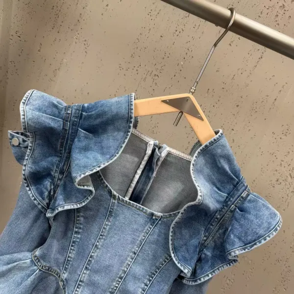 Denim Ruffle Corset Top in Medium Wash Blue - 4