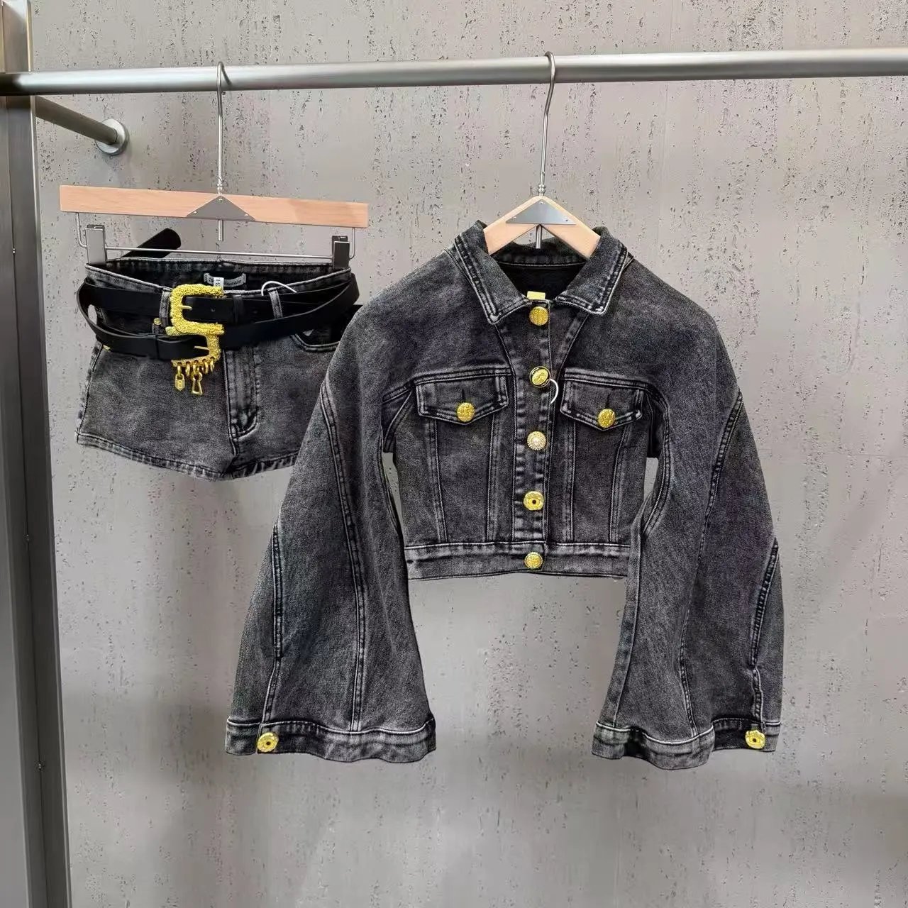 Versace Jeans Couture Cropped Denim Jacket with Gold Hardware in Acid Wash Gray - 12