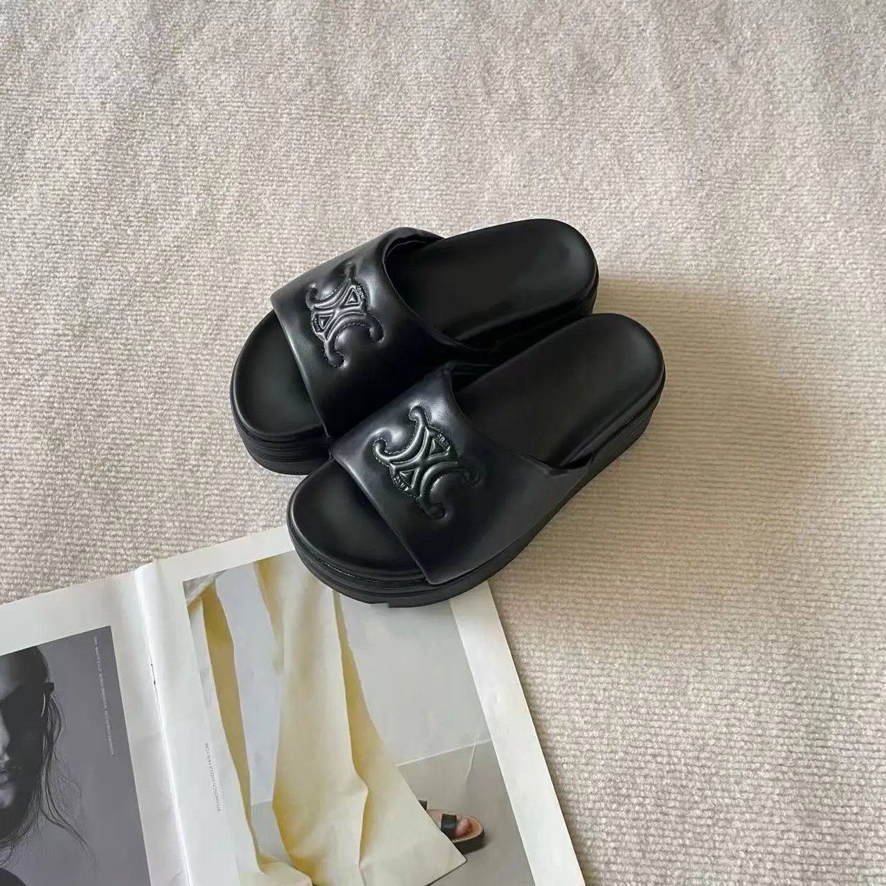 Celine Triomphe Logo Platform Slide Sandals Black - 6