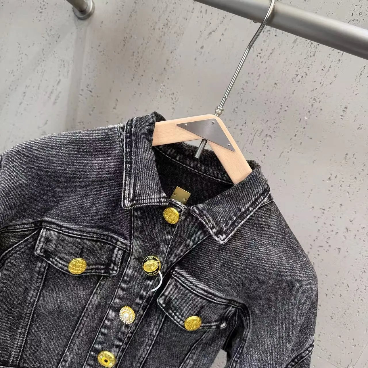 Versace Jeans Couture Cropped Denim Jacket with Gold Hardware in Acid Wash Gray - 22