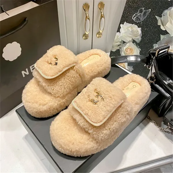 Chanel-inspired Faux Shearling Slide Slippers Beige Slippers - 15