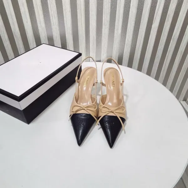 Chanel-inspired Two-Tone Slingback Heels with Bow Detail White/Black Heels - 11