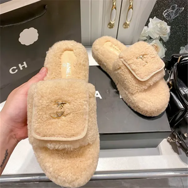 Chanel-inspired Faux Shearling Slide Slippers Beige Slippers - 20
