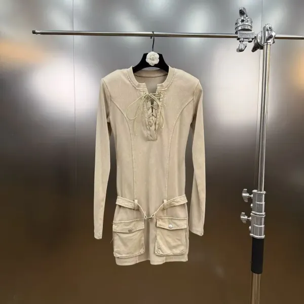 Gallery Dept. Lace-Up Denim Mini Dress Beige and Black - 13