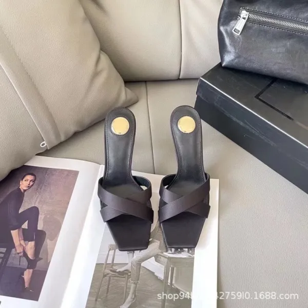 Saint Laurent Satin Mule in Bronze Block Heel Sandals - 4