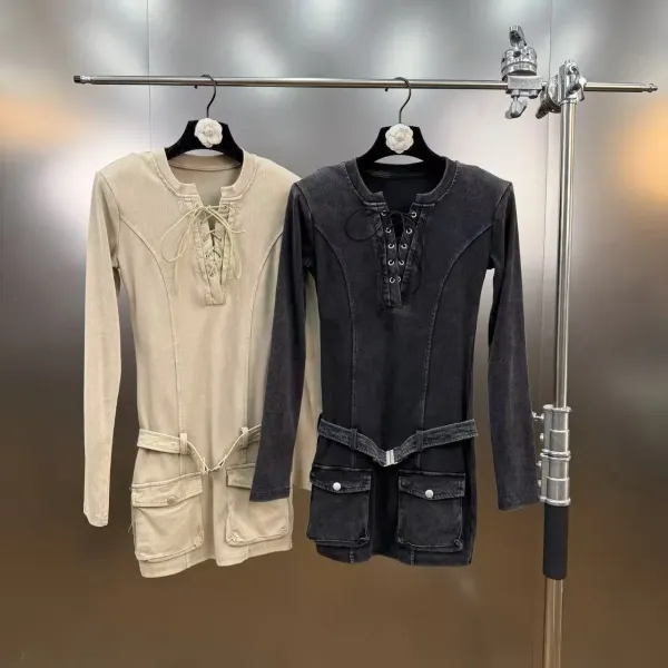 Gallery Dept. Lace-Up Denim Mini Dress Beige and Black - 19