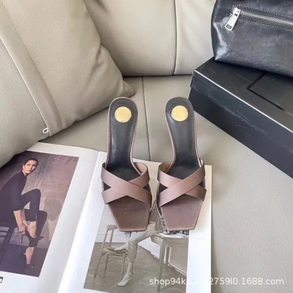 Saint Laurent Satin Mule in Bronze Block Heel Sandals - 12