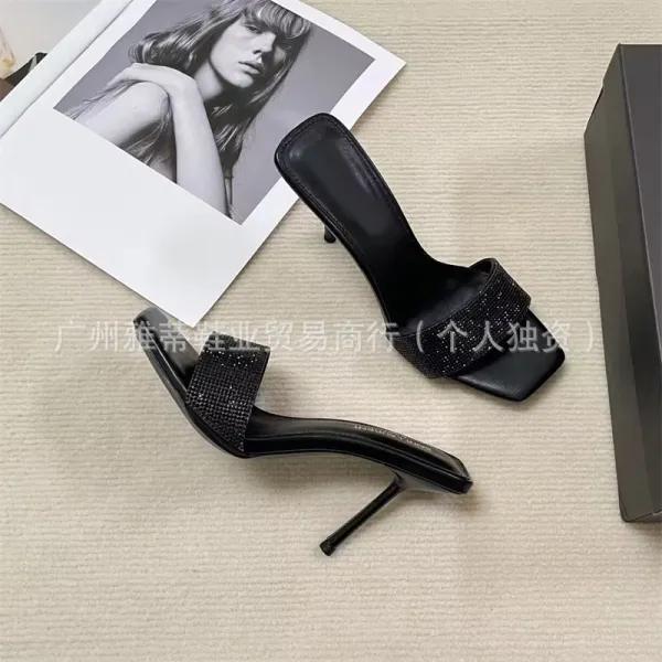 Black Crystal-Embellished Square-Toe Mule Heels - 4