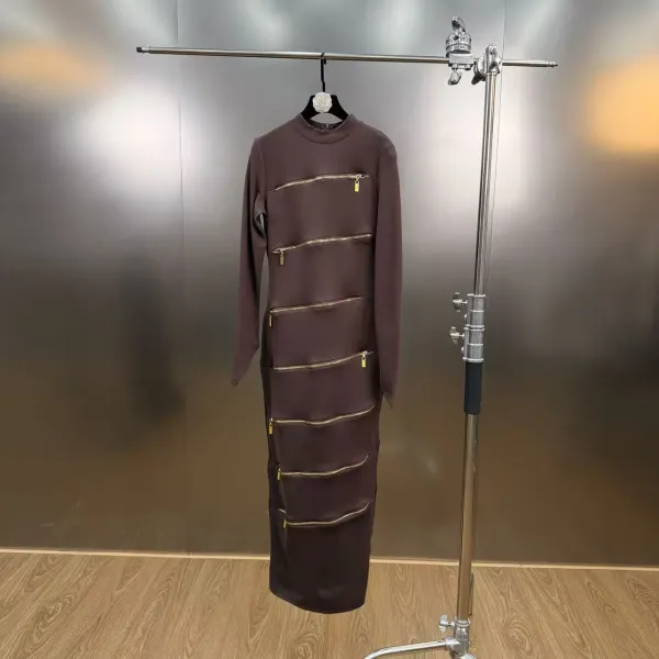 Zip-Panel Mock Neck Midi Dress in Black, White, and Brown - 11
