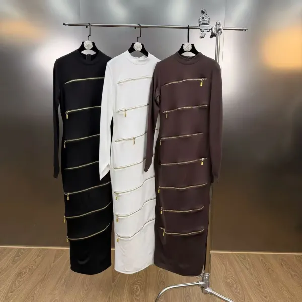 Zip-Panel Mock Neck Midi Dress in Black, White, and Brown - 25