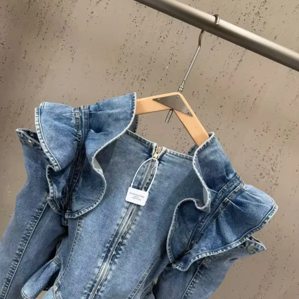 Denim Ruffle Corset Top in Medium Wash Blue - 10