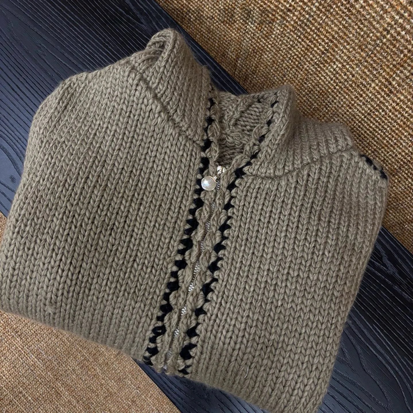 Hand-Knit Crochet-Trim Hooded Cardigan Beige Knit Cardigan - 14