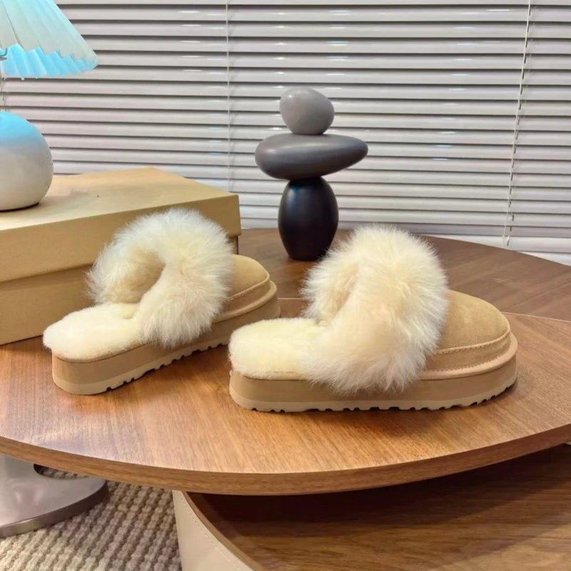 UGG Fluff Platform Slippers Beige Faux Fur Slippers - 24