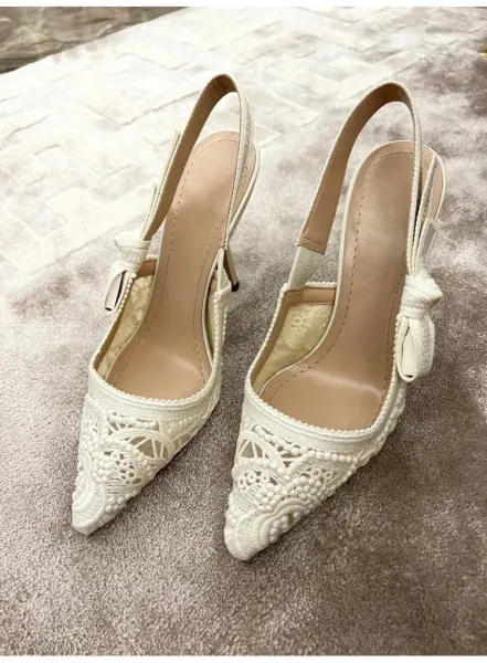Dior J'Adior Lace Slingback Kitten Heels Beige - 10