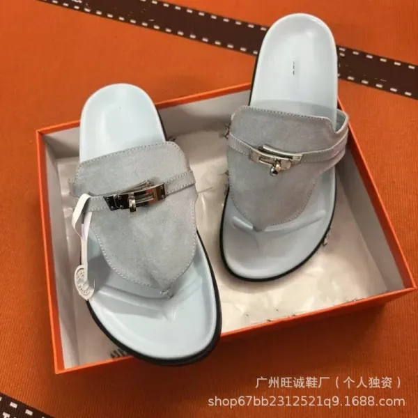 Hermès Oran Slide White and Black Leather Sandals - 27