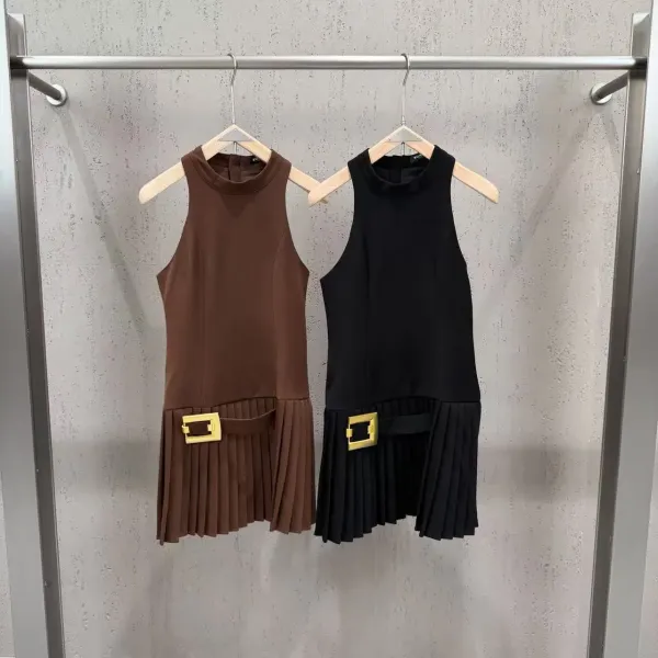 Balenciaga Belted Pleated Mini Dress in Brown and Black - 2