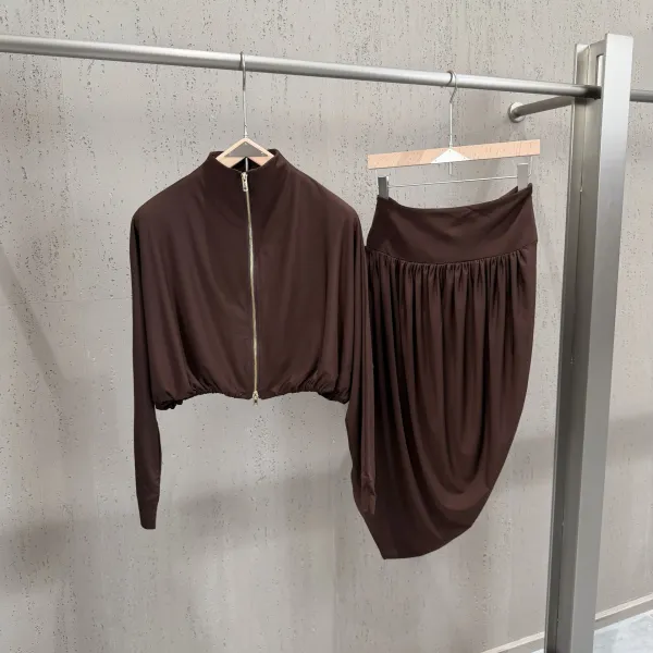 Off-White Cropped Zip-Up Top and Draped Skirt Set Black - 29