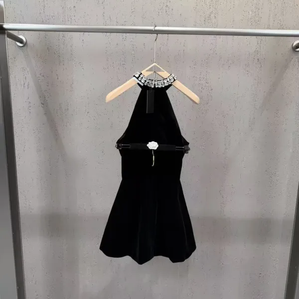 Black Velvet Halter Dress with Crystal Embellished Neckline - 7