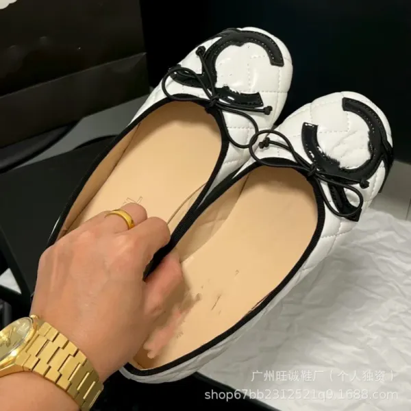 Chanel Ballerina Flats White Quilted Leather with Black Bow Detail - 12