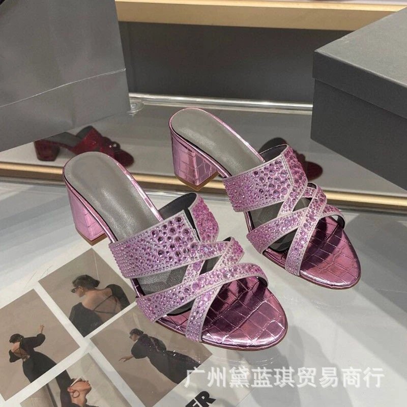 Gina 2024 Spring/Summer Silk Rhinestone Stone Texture Patent Leather Round Toe Open-Toe Cross-Strap High Heel Sandals Casual European & American Style: findsindex.com
