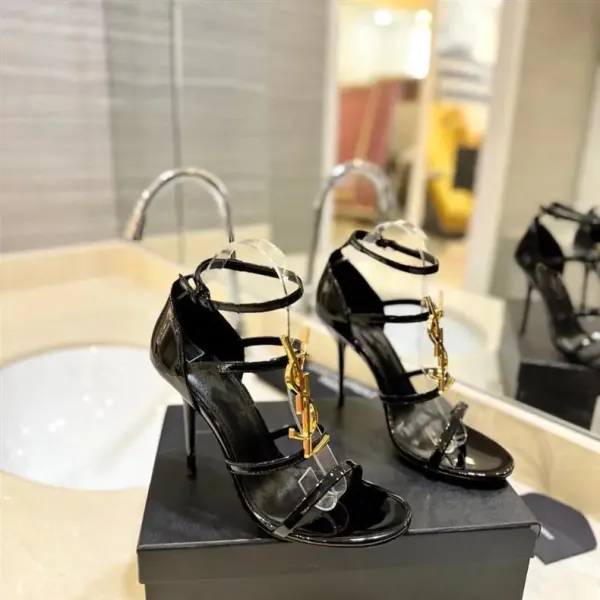 Saint Laurent YSL Monogram Heel Black Strappy Sandals - 8