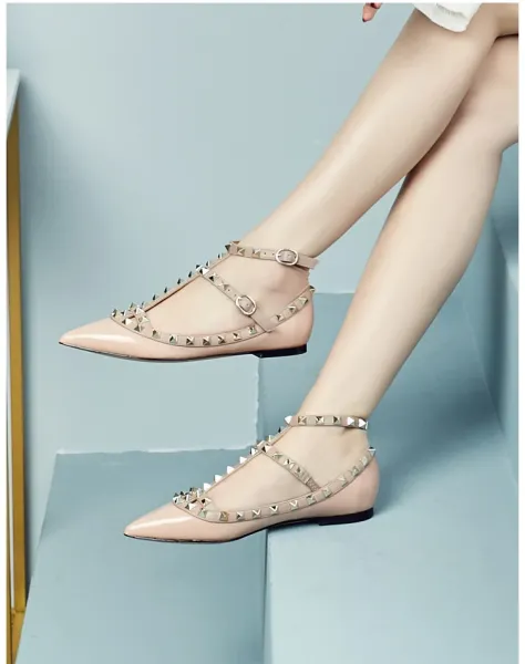Valentino Rockstud Flat Pointed-Toe Mary Jane Shoes in Nude Patent Leather - 10
