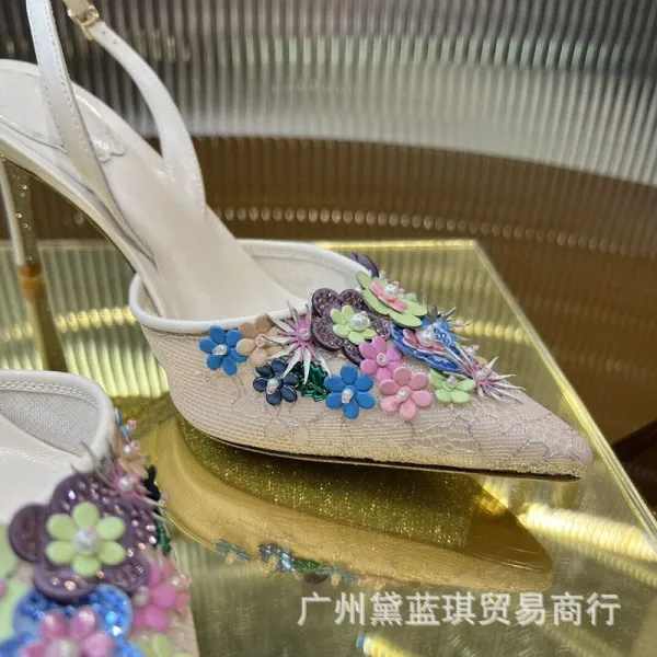 Bene Gao Villa Floral Embellished Slingback Stilettos White - 8