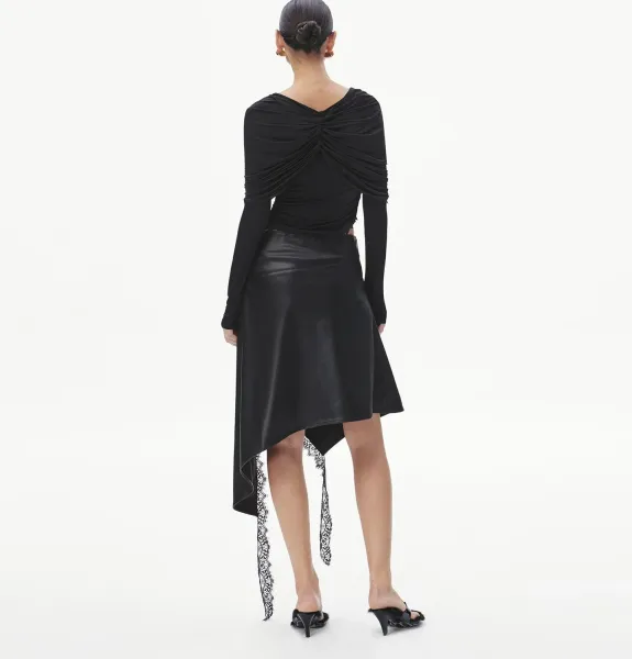 Saint Tears Asymmetrical Leather Skirt with Lace Trim Black Skirt - 4