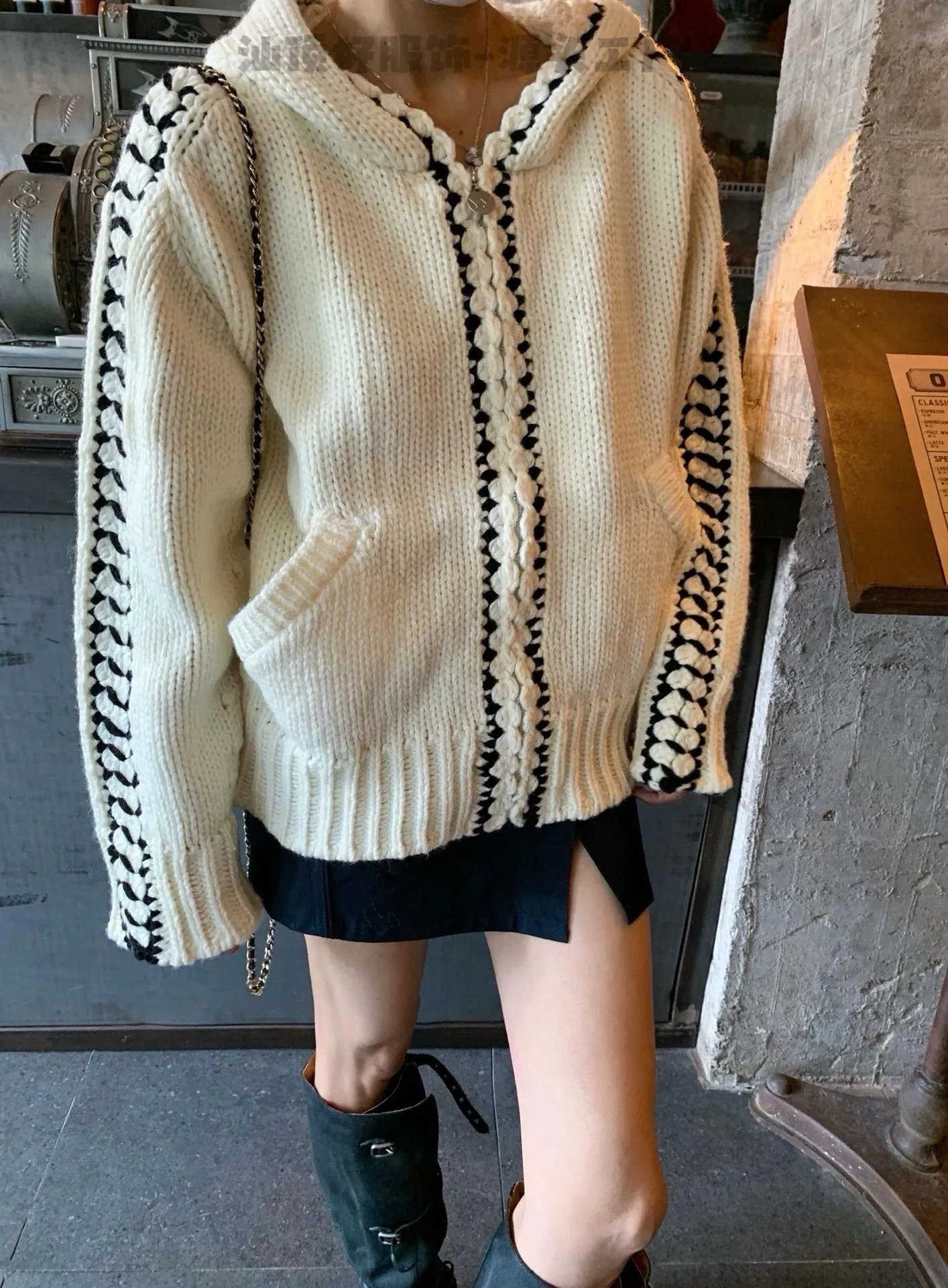 Hand-Knit Crochet-Trim Hooded Cardigan Beige Knit Cardigan - 27