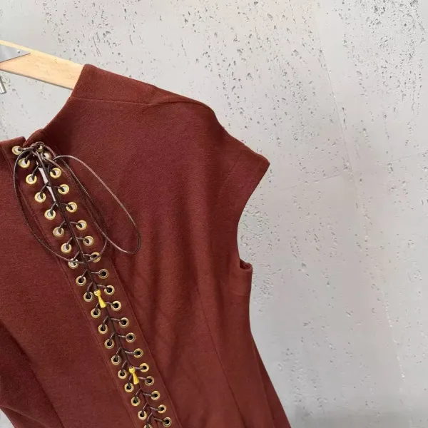 Valentino Garavani Rockstud Lace-Up Midi Dress Black and Burgundy - 17