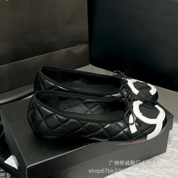 Chanel Ballerina Flats White Quilted Leather with Black Bow Detail - 7