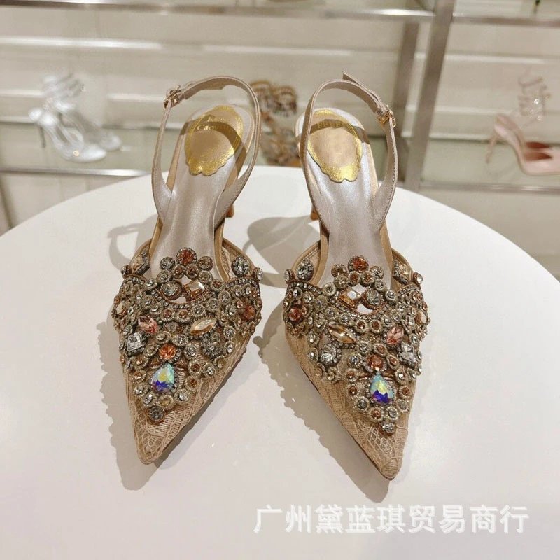 Design Embellished Crystal Pointed-Toe Slingback Heels Beige