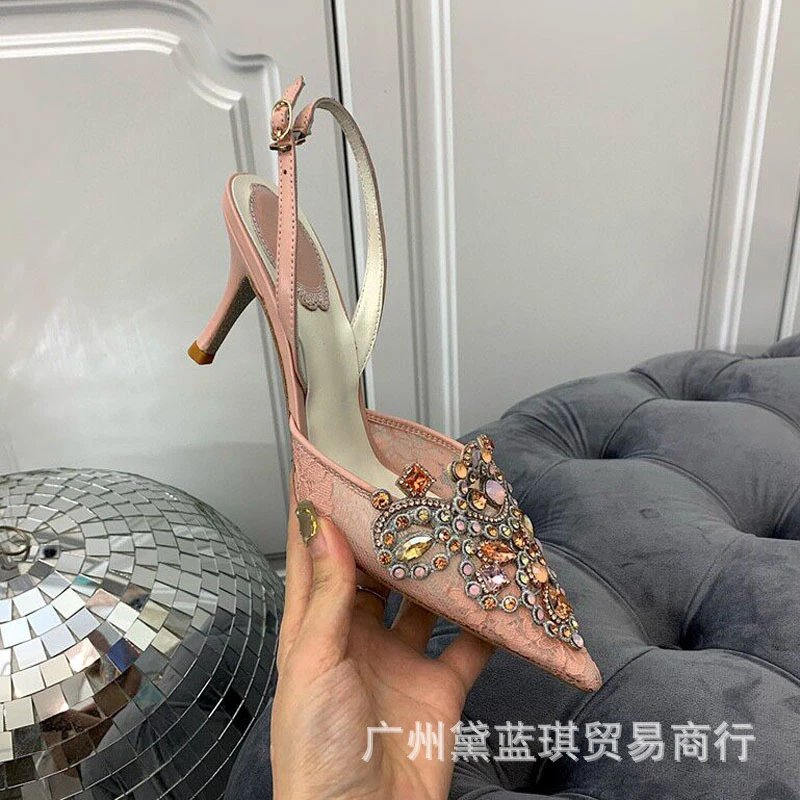 Design Embellished Red Lace Slingback Stilettos - 6