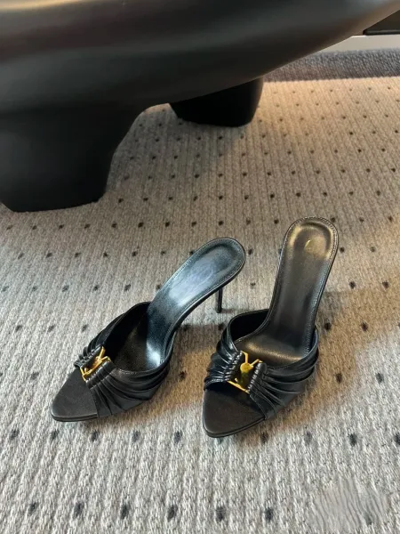 Saint Laurent Ruched Mule in Brown Leather Heels - 17