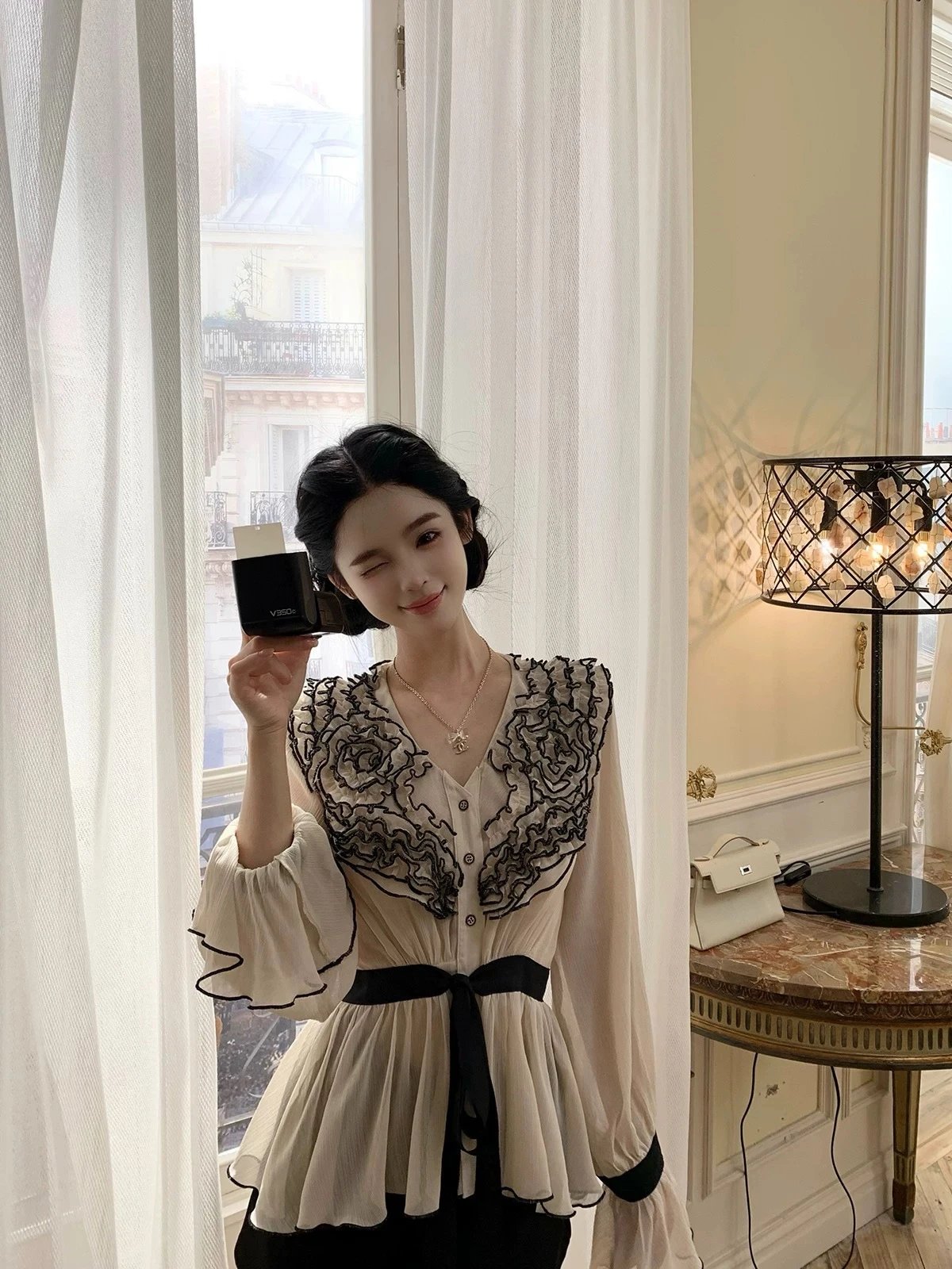 Saint Tears Embroidered Floral Collar Blouse in Cream with Black Ribbon - 2