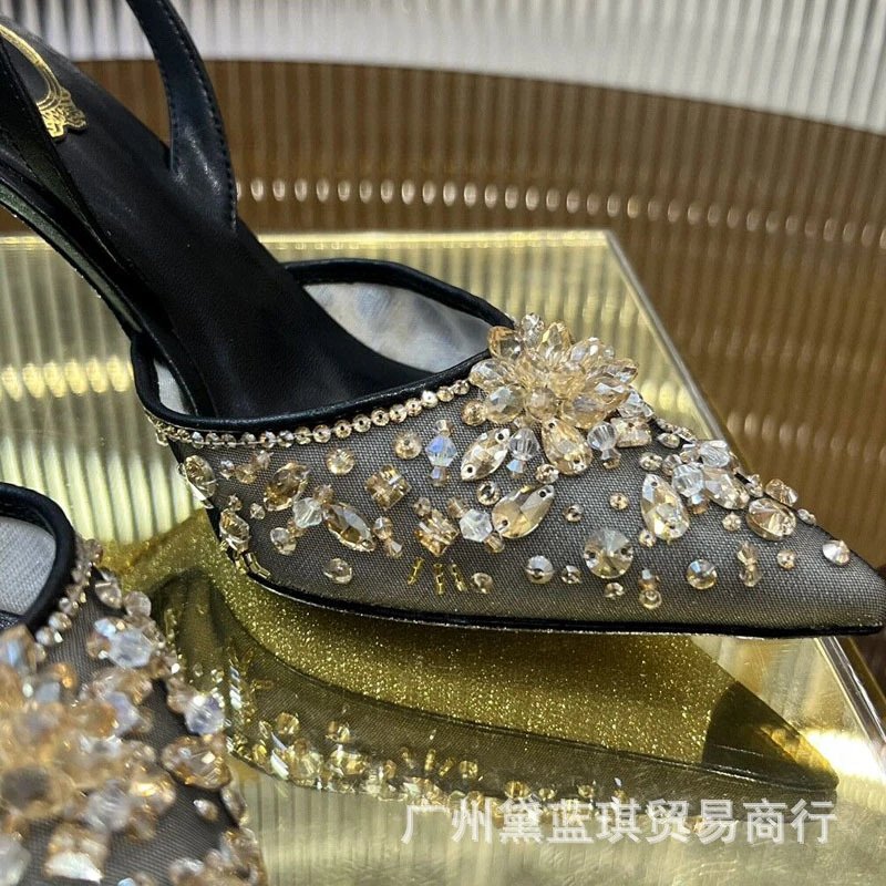 Design Crystal-Embellished Pink Pointed-Toe Slingback Heels - 5