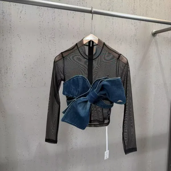 Off-White Denim Bow Mesh Top Blue/Black - 11