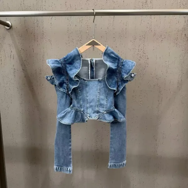 Denim Ruffle Corset Top in Medium Wash Blue - 3