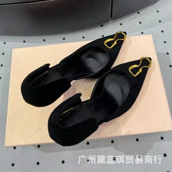 Saint Tears Sculptural Heel Black Suede Pointed-Toe Pumps with Gold Hardware - 4