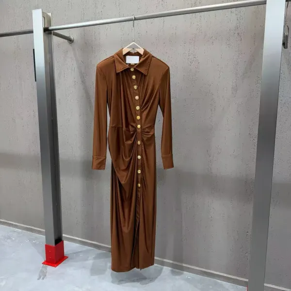 WOMANBY A VOYVES Button-Front Ruched Shirt Dress in Brown and Black - 3