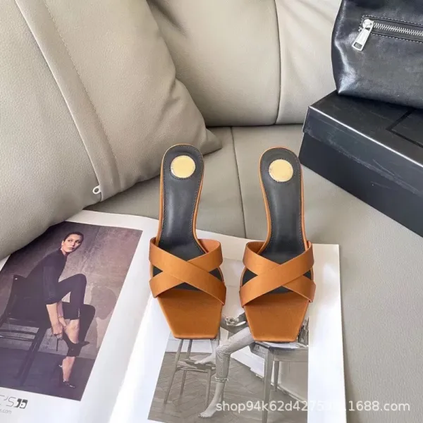 Saint Laurent Satin Mule in Bronze Block Heel Sandals - 10
