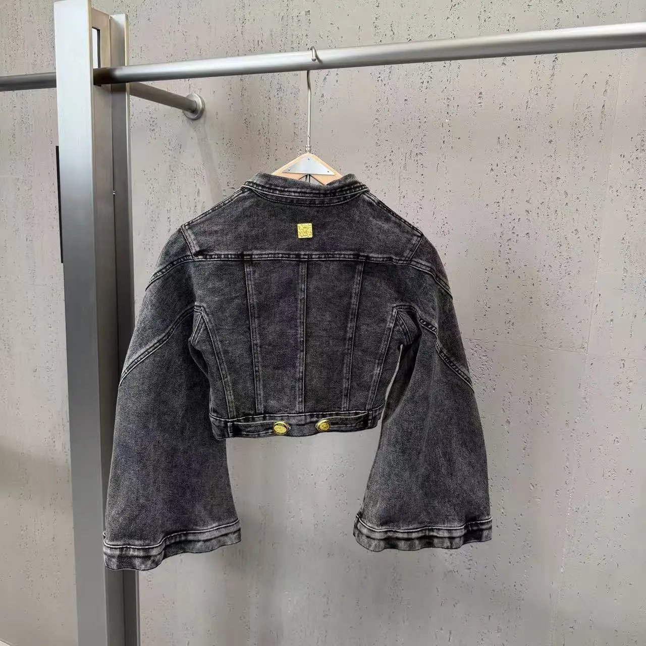 Versace Jeans Couture Cropped Denim Jacket with Gold Hardware in Acid Wash Gray - 26